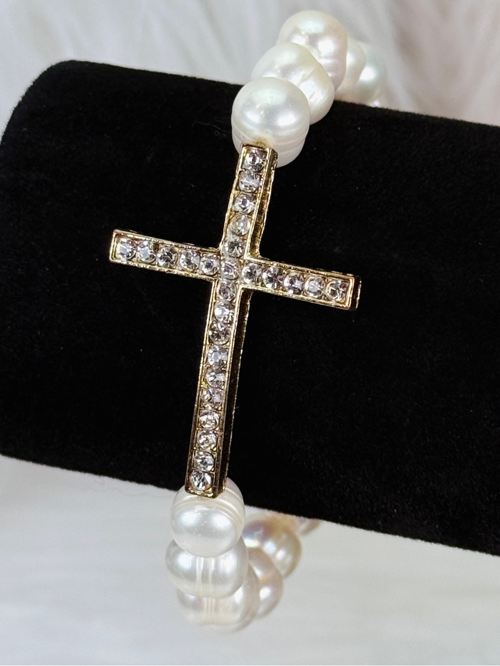 Goldtone Cross Faux Pearl Stretch Bracelet